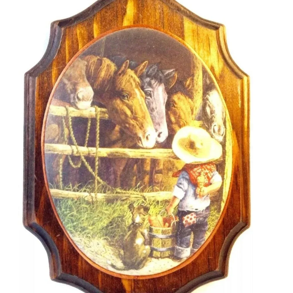 Set of 2 Beaded Glass Wall Plaques of Cowboy Child